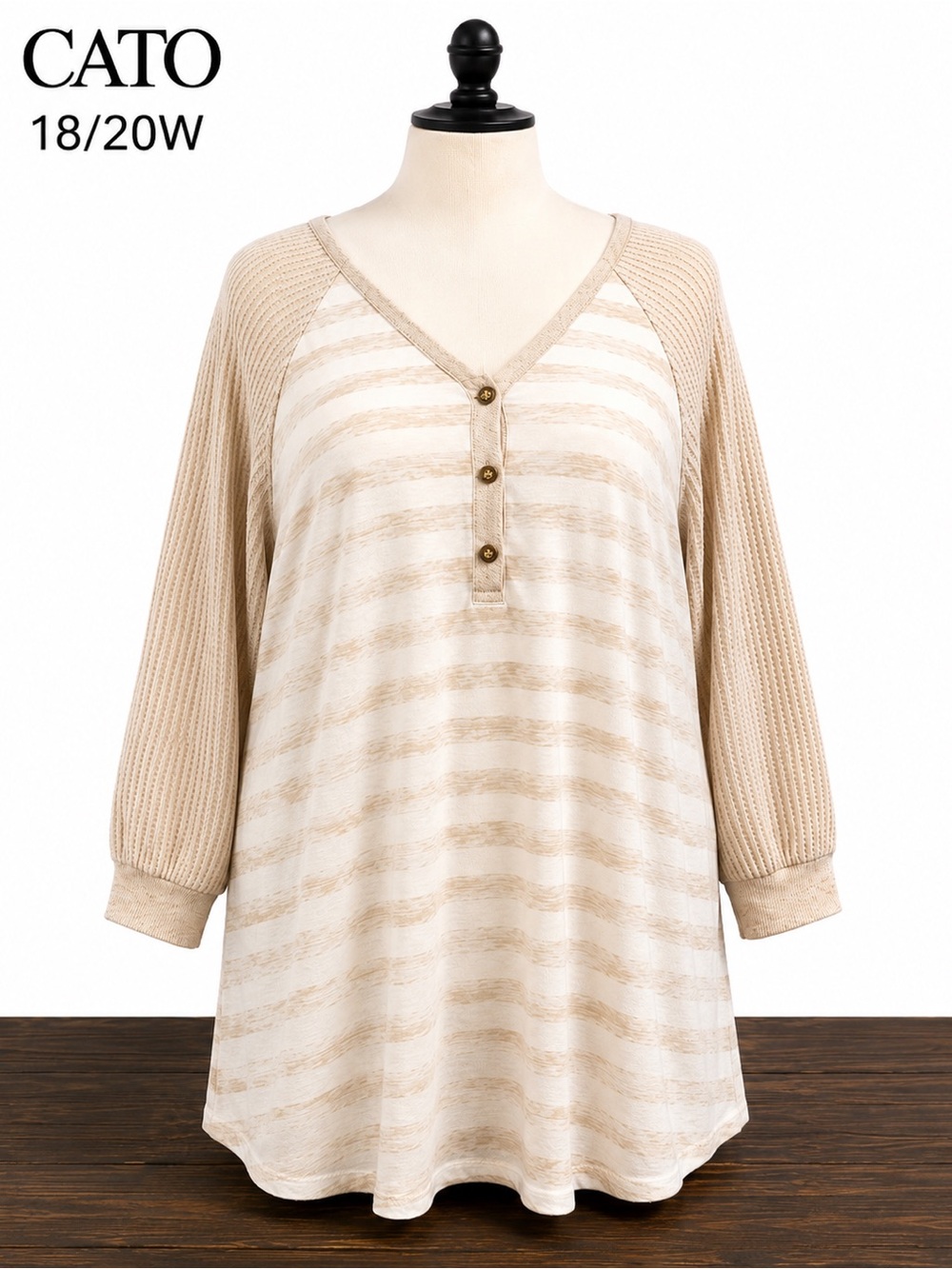 Cato 18/20W Beige Stripe Waffle Knit Top 3/4 Sleeve Plus Size
